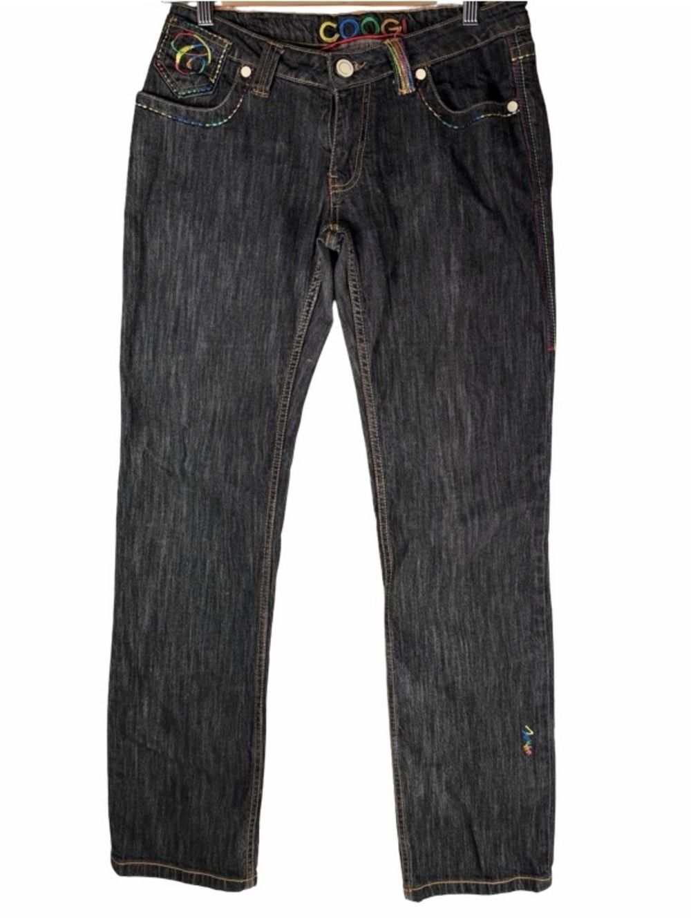 COOGI Vintage Y2K Dark Wash Low Rise Rainbow Embroidered Straight Jeans 11/12